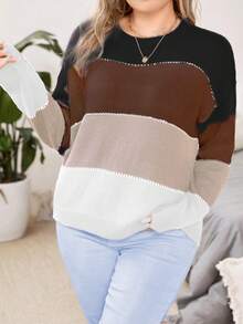 Celure 大尺碼拼色針織毛衣套頭 - 咖啡棕 - 查看 3
