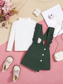 SHEIN 嬰兒女孩2入組針織高領上衣&燈芯絨背帶半身裙休閒帶荷葉邊