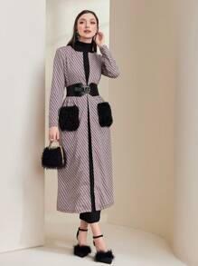 Mulvari Fuzzy Pocket Patched Open Front Coat With Buckle Belt