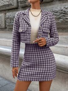 SHEIN Cottnline Ladies' Houndstooth Blazer And Pants Set With Flap Pockets - Navy Blue - View 5