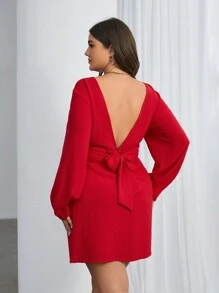 SHEIN Privé 大尺寸純色露背吊帶連身裙 - 紅色 - 查看 2