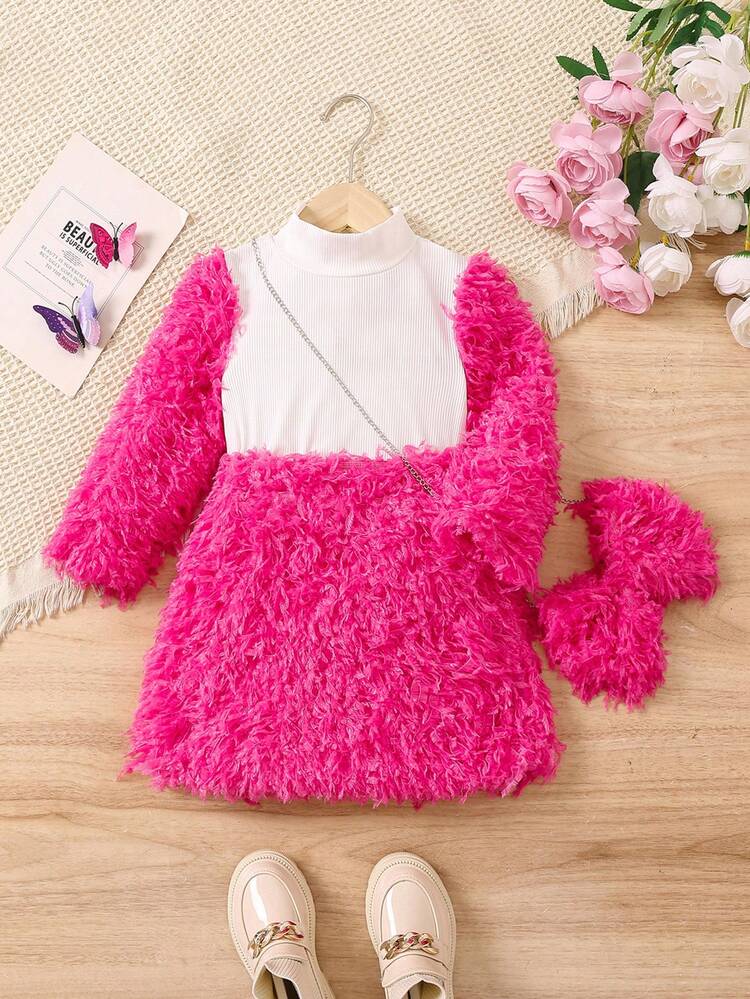 Little Girls' Half High Collar Color Block Dress With Bag Set