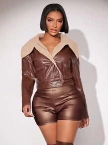 SHEIN SXY Women'S Casual Loose Brown Jacket With Fur Collar - Brown - View 5