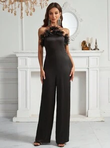 SHEIN Belle 3D網紗貼花邊繞頸派對連身褲 - 黑色 - 查看 5