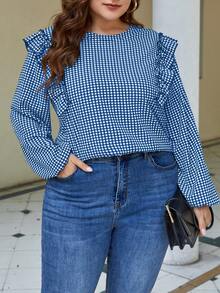 SHEIN Privé Kích thước lớn Giản dị thanh lịch Kẻ sọc Chi tiết Ruffle Áo sơ mi - Màu xanh nhạt - Xem 3