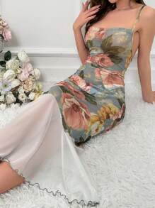 花卉印花网眼撞色鱼尾睡衣长裙 - 彩色 - 查看 3