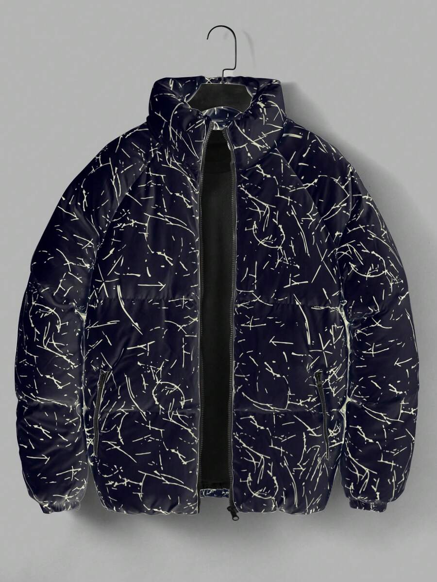 RueChic Men's Padded Coat With Disorderly Lines Print - Khaki - View 1