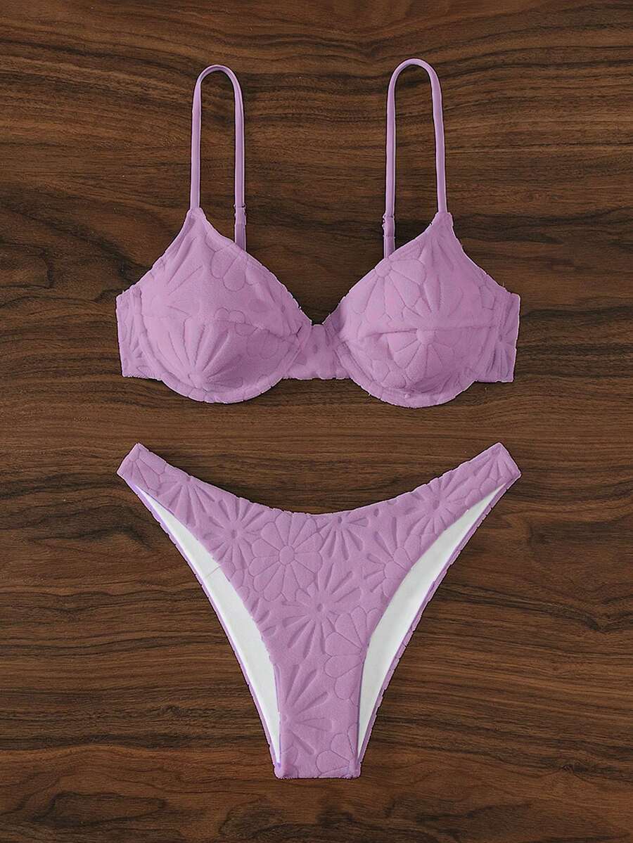 SHEIN Enfärgad V-ringad Bikini Set Summer Beach - Mauve Lila - Visa 1