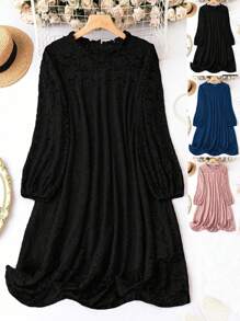 SHEIN Clasi 大尺碼純色褶邊燈籠袖洋裝 - 黑色 - 查看 1