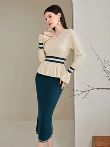 Modelyn 女用珍珠裝飾毛衣和裙子套裝 - 墨綠色 - 查看 6