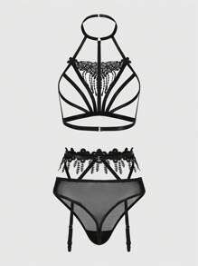 ROMWE Fairycore Ladies Sexy Lace Lingerie Set - Black - View 2