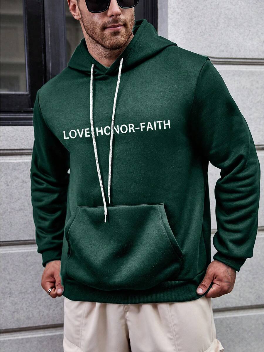 Manfinity Homme Nam Plus Đồ họa Khẩu hiệu Túi kangaroo Dây rút Hoodie - màu xanh lá - Xem 1