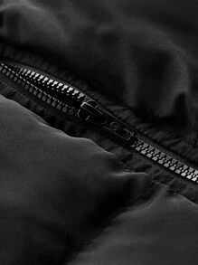 SHEIN EZwear 字母拼接细节撞色侧缝拉链连帽夹棉大衣 - 黑色 - 查看 3