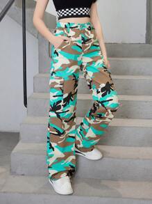 SHEIN Teen Girls' Casual Fashionable Vintage Style Camouflage Denim Straight Leg Pants - Brown - View 6