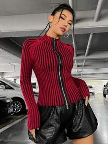 SHEIN PETITE Mẫu sọc Tay Raglan Dây kéo Áo len Mở - Nhiều màu - Xem 3