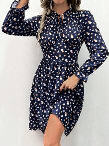 EURMUSE Allover Print Tie Neck Flounce Sleeve Dress - Multicolor - View 1