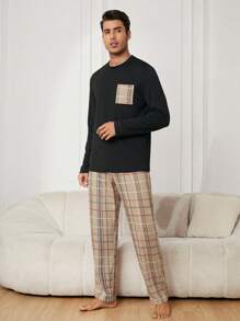 男士格紋長袖 T 恤和褲子家居服套裝 - 彩色 - 查看 4