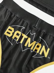 Batman X ROMWE Cartoon Graphic Contrast Binding PJ Set, School - Black - View 4