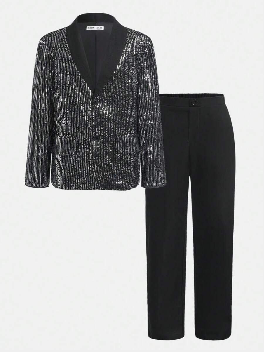SHEIN 適合十幾歲男孩的雙排釦立領西裝，長褲具有優雅紳士風格，2件套裝 - 黑色 - 查看 1