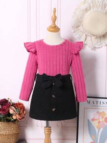 SHEIN Hàng mới đến Nhỏ bé Cô gái Dệt kim Sọc Áo Với Nơ Thắt lưng & Vải to sợi Váy Hai chiếc Bộ - Nhiều màu - Xem 3