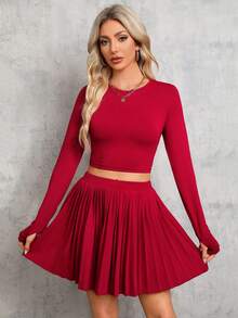 SHEIN Tall Solid Crop Tee & Pleated Skirt - Red - View 6