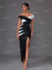 Love Aing Off Shoulder Black & White Spliced High Split Dress - Black and White - View 5