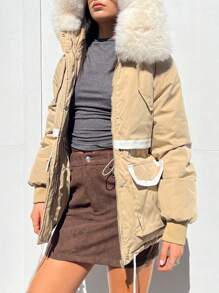 SHEIN EZwear Ladies' Contrast Color Border Collar Padded Coat - Khaki - View 4
