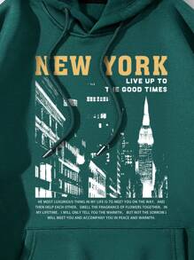 Sudadera Con Capucha Para Hombre Con Estampado De Texto - Verde Oscuro - Ver 4