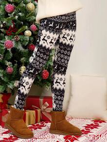Plus Christmas Cartoon Printed Leggings - Black - View 3