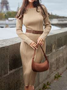 SHEIN Frenchy 素色條紋針織毛衣洋裝不附腰帶 - 卡其色 - 查看 2