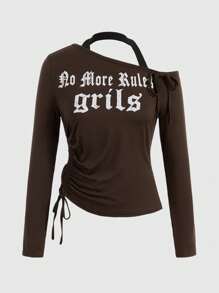 ROMWE Grunge Punk Áo thun xếp nếp vai dây rút bất đối xứng có in khẩu hiệu - màu nâu - Xem 1