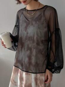 FRIFUL 女士灯笼袖透视T恤透明上衣长袖上衣 - 黑色 - 查看 6