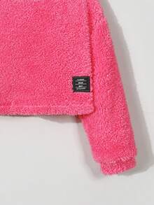 SHEIN Girls' High Neck Ribbed Detail Plush Cool Sweatshirt With Patch For Autumn And Winter - Hot Pink - View 3