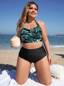SHEIN Swim Curve 夏季海滩大码比基尼套装带吊带和叶子图案 - 彩色 - 查看 1