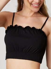SHEIN TOP FRANZIDO ALÇAS FINAS COM BARRA ESLASTICO PRETO FEMININO - Black - View 3