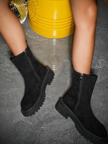 女性戶外濃烈香調休閒時髦大碼雪地靴,兩面可穿 - 黑色 - 查看 4