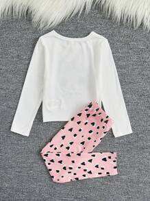 SHEIN Young Girl Cartoon & Letter Graphic Tee & Pants Snug Fit PJ Set - Pink - View 3