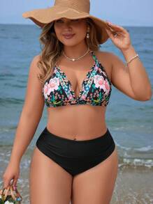 Swim Lushoire Summer Beach Women's Plus Size Halter Neck Floral Printed Bikini Set With Tie Side Bottom
