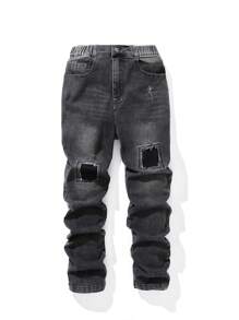 Tween 男孩水洗復古街頭風格拼布裝飾彈性牛仔褲 - 黑色 - 查看 1
