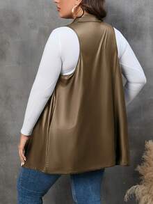 SHEIN LUNE Plus Draped Front PU Leather Vest Coat - Brown - View 2