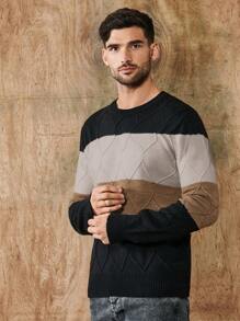 SHEIN Cottnline Men's Color Block Diamond Check Knitted Sweater - Khaki - View 7