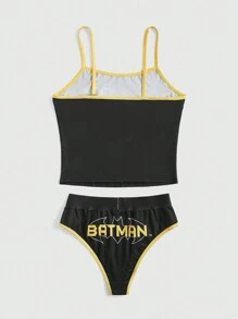 Batman X ROMWE Cartoon Graphic Contrast Binding PJ Set, School - Black - View 2