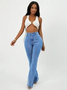 RueChic High Waist Zipper Fly Denim Jeans - Medium Wash - View 4