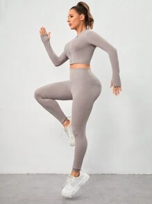 VARSITIE Thể thao Yoga Cơ bản Scrunch Butt Với Legging - Xám - Xem 5