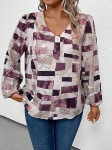 Calvaya Talla grande Blusa con estampado de retazo de manga farol