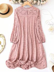 SHEIN Clasi Plus Size 1pc Lace Frill Hem Long Sleeve Dress