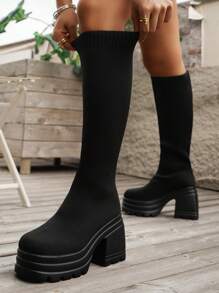 New Arrival Women's Knit Elastic Black Slip-On High-Heeled Over-The-Knee Boots With Thick Sole, Light-Weighted And Stylish, Winter,Platform Heels For Women - Black - View 6