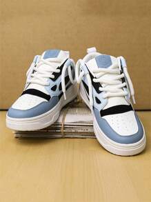 2024 Men's All Seasons Leather Patchwork Versatile Multi-Colored Low-Cut Sneakers, Walking Shoes, Streetwear, Student Skateboarding Shoes - Blue and White - View 3