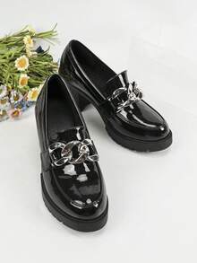 女士黑色厚跟泵鞋,帶防水平台和厚底,金屬鏈裝飾牛津鞋,適合工作或漆皮鞋