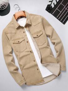 Manfinity Homme Men's Workwear Denim Shirt With Pockets - Khaki - View 1